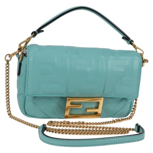 FENDI Zucca Canvas Chain Shoulder Bag Leather 2way Gold Green Auth - Picture 1 of 16
